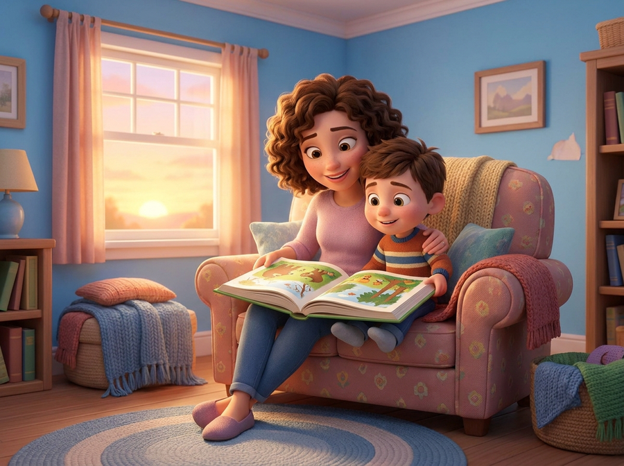 Mom and son reading together on the couch
